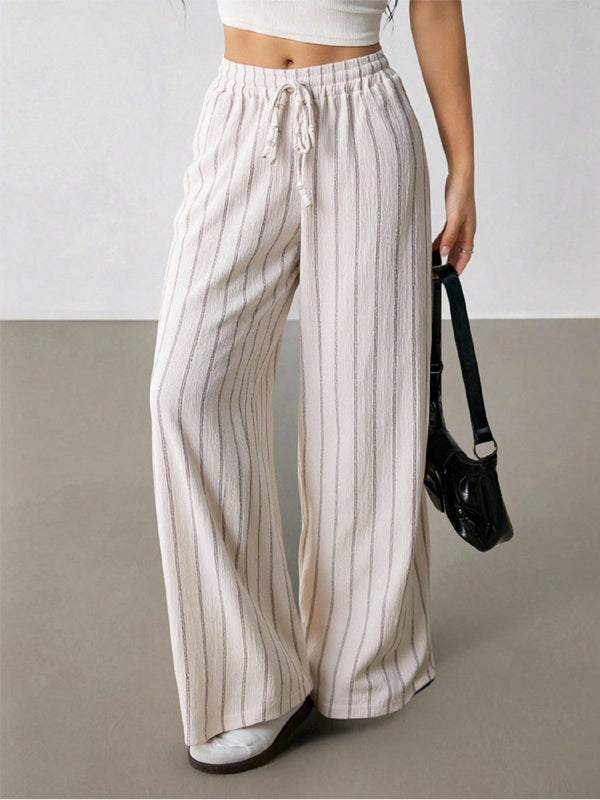 Women’s Striped Knit Wide-Leg Pants High-Waist Loose Drawstring Trousers Casual Comfortable Everyday Wear (S-XL)
