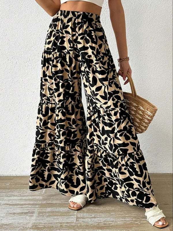 Women’s Printed Wide-Leg Pants High-Waist Elastic Waist Ruffle Layered Loose Trousers Casual Comfortable Style (S-XL)