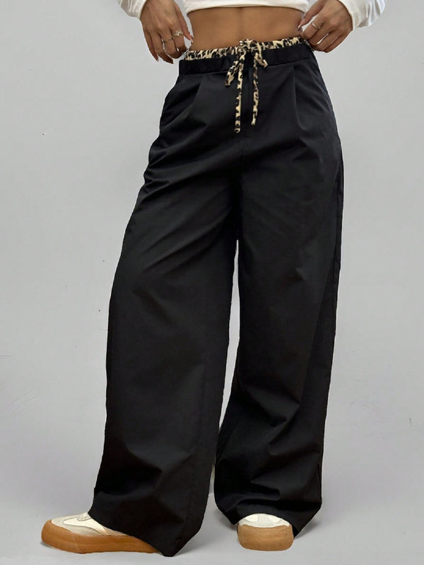 Women’s Black Wide-Leg Pants with Leopard Print Drawstring High-Waist Loose Casual Trousers Stylish Everyday Wear (S-XL)