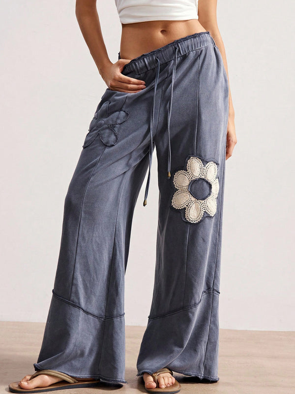 Women’s Wide-Leg Pants with Floral Patchwork Design High-Waist Elastic Drawstring Casual Loose Trousers Comfortable and Stylish (S-XL)