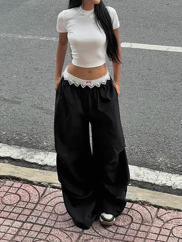Women’s Lace-Trim Wide-Leg Pants High-Waist Loose Trousers with Bow Detail Casual Comfortable Wear (S-XL)