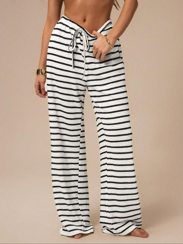 Women’s Black and White Striped Knit Wide-Leg Pants High-Waist Loose Drawstring Casual Trousers Comfortable Everyday Wear (S-XL)