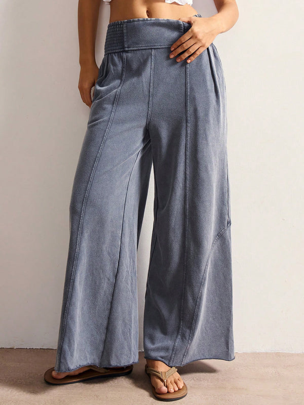 Women’s High-Waist Wide-Band Loose Wide-Leg Pants Solid Color Casual Relaxed Trousers Comfortable Slimming Look (S-XL)