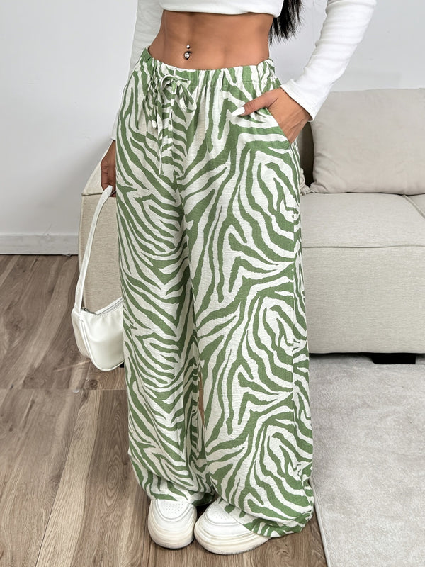Women’s Green Zebra Print Wide-Leg Pants High-Waist Loose Casual Trousers with Elastic Drawstring Waist (S-XL)