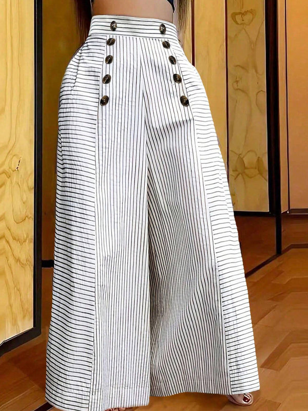 Women’s Vertical Stripe High-Waist Wide-Leg Pants Double-Breasted Button Detail Loose Casual Slimming Trousers (S-XL)