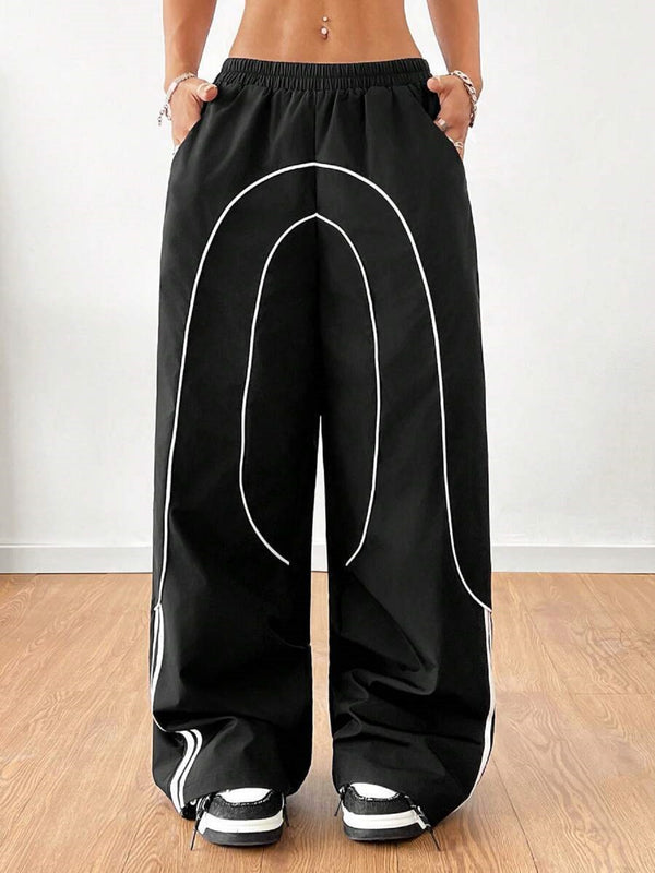 Women’s Black Wide-Leg Pants Loose High-Waist Casual Trousers with White Stitching Line Detail (S-XL)