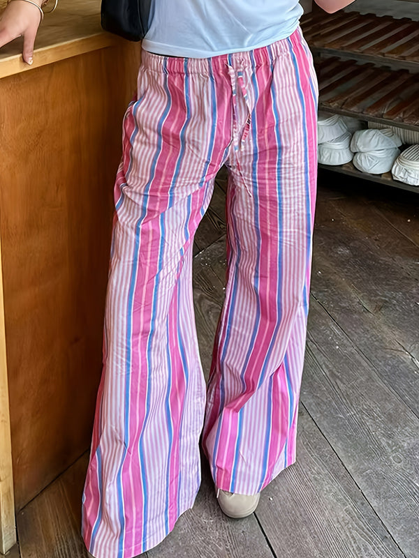 Women’s Multicolor Vertical Stripe Wide-Leg Pants High-Waist Elastic Drawstring Loose Casual Trousers Fashionable Slimming Look (S-XL)