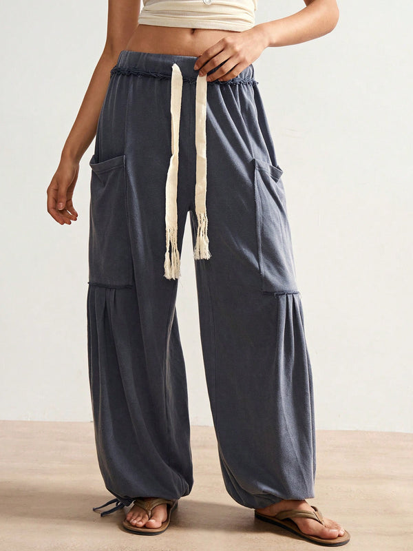 Women’s Loose Drawstring Wide-Leg Pants with Large Pockets Elastic Waist Casual Relaxed Trousers Comfortable and Stylish (S-XL)