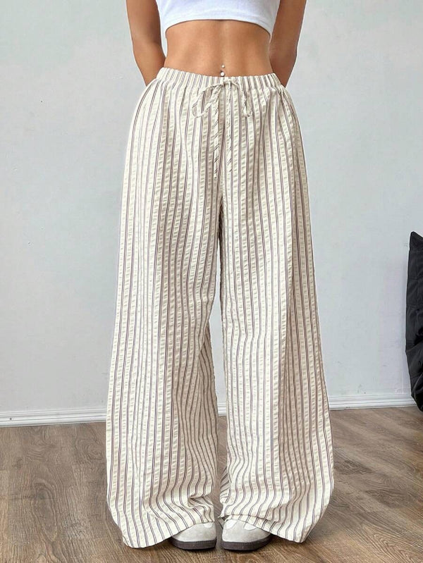 Women’s Striped Wide-Leg Pants Casual Loose High-Waist Drawstring Trousers Lightweight Versatile Wear (S-XL)