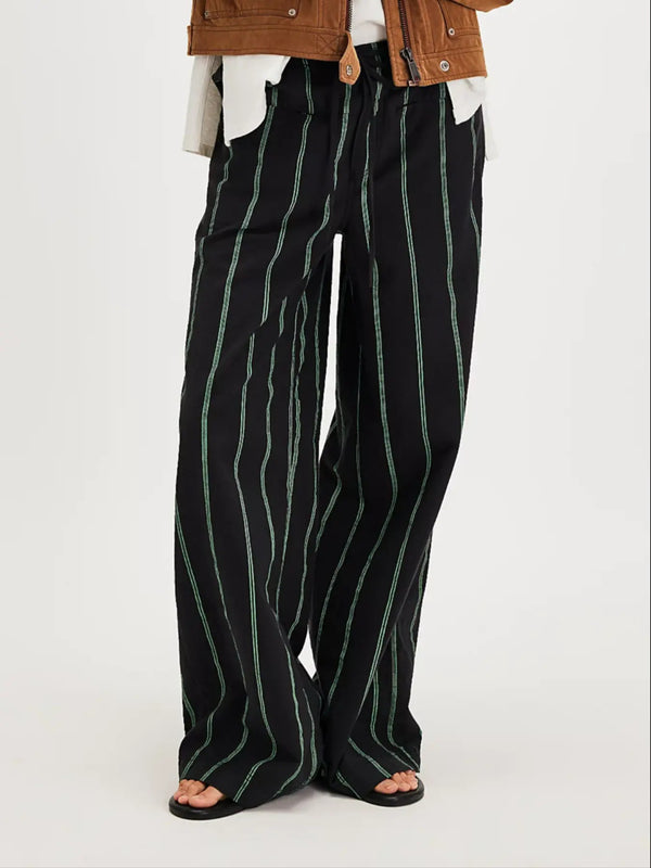 Women’s Striped Wide-Leg Pants High-Waist Casual Loose Trousers Summer Straight-Leg Slimming Long Pants (S-XL)