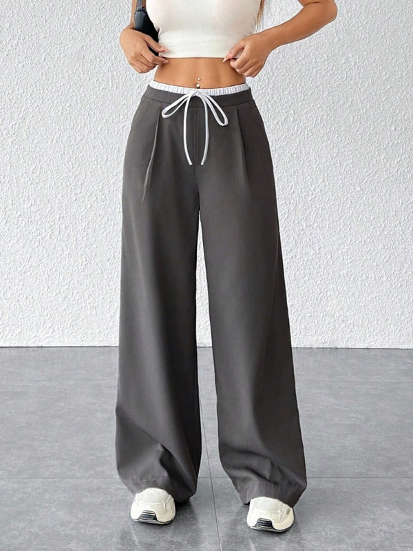 Women’s Dark Grey Wide-Leg Pants High-Waist Drawstring Casual Loose Trousers Comfortable Everyday Wear (S-XL)